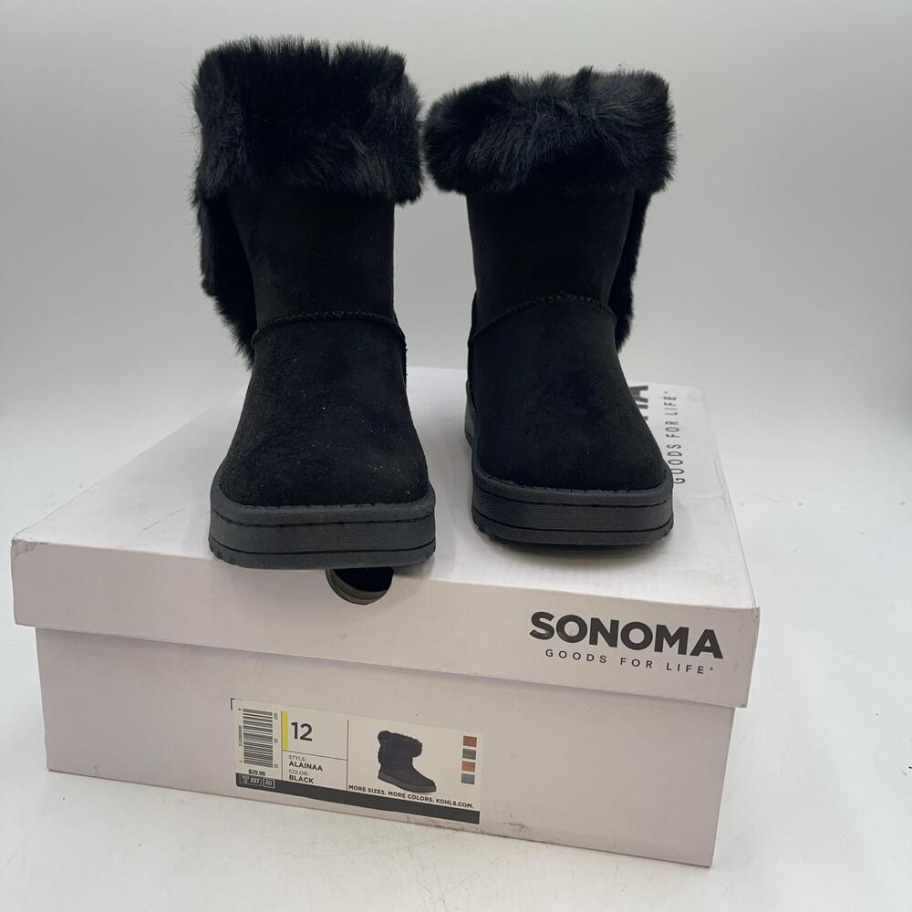 Sonoma Goods For Life Alainaa Boots Kids Size 12 Black Fur Trim Lined Winter